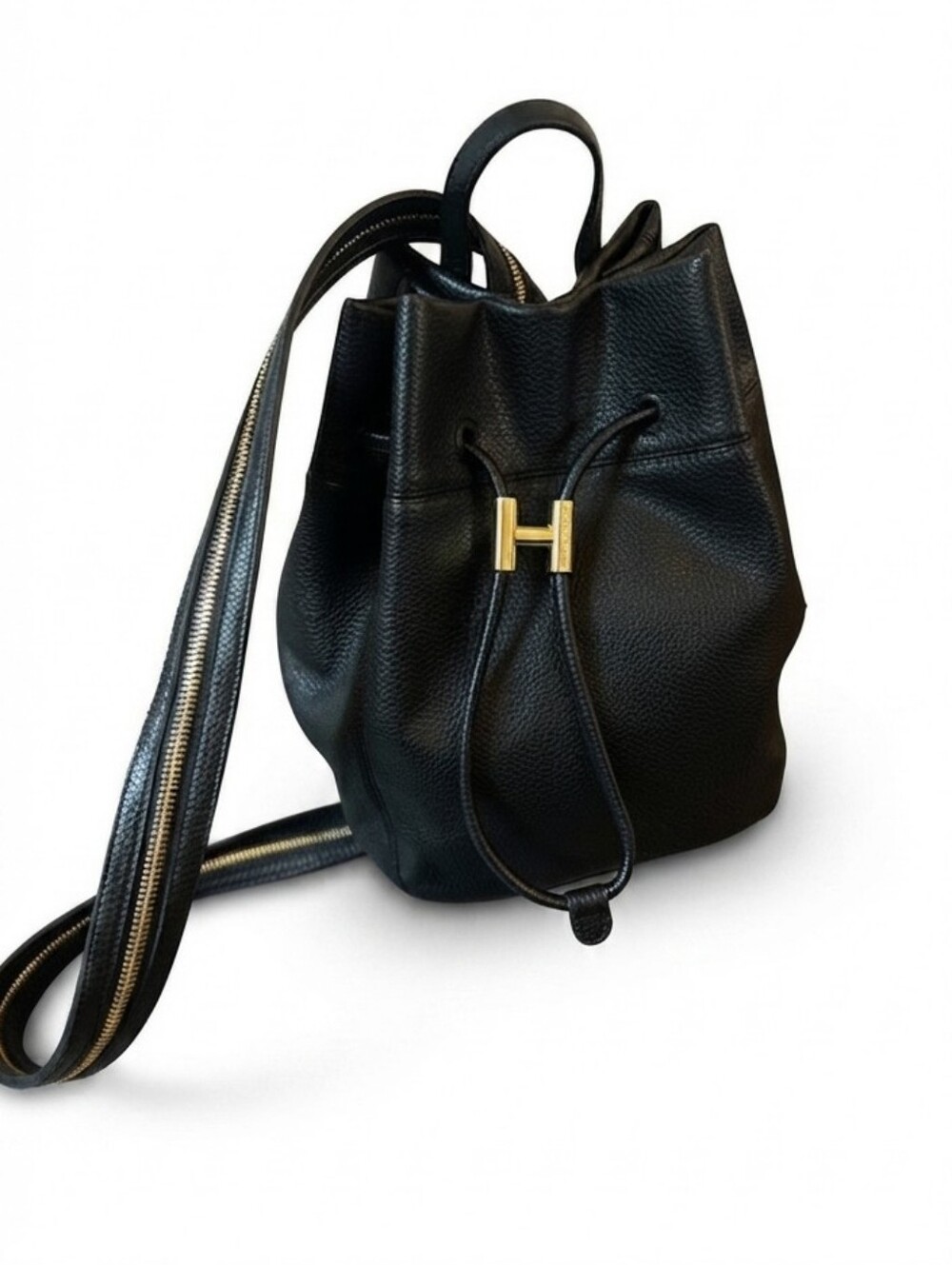 Halston Black Pebbled Vegan Leather Convertible Bucket Bag Backpack Gold Hardwar